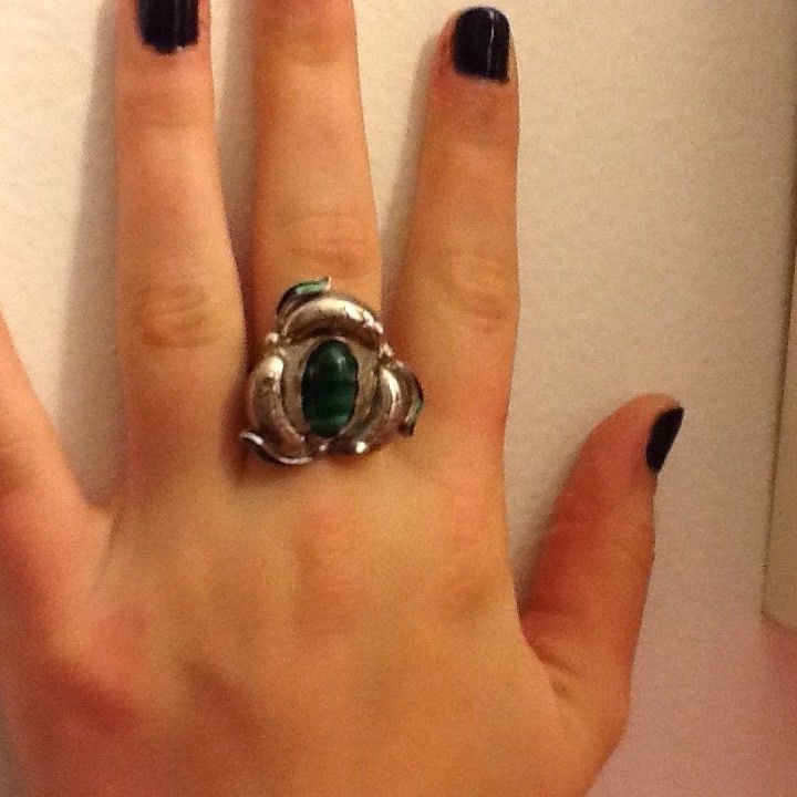 Ring & Earrings Vintage Sterling Silver Green Malachite and Enamel Jewelry Set