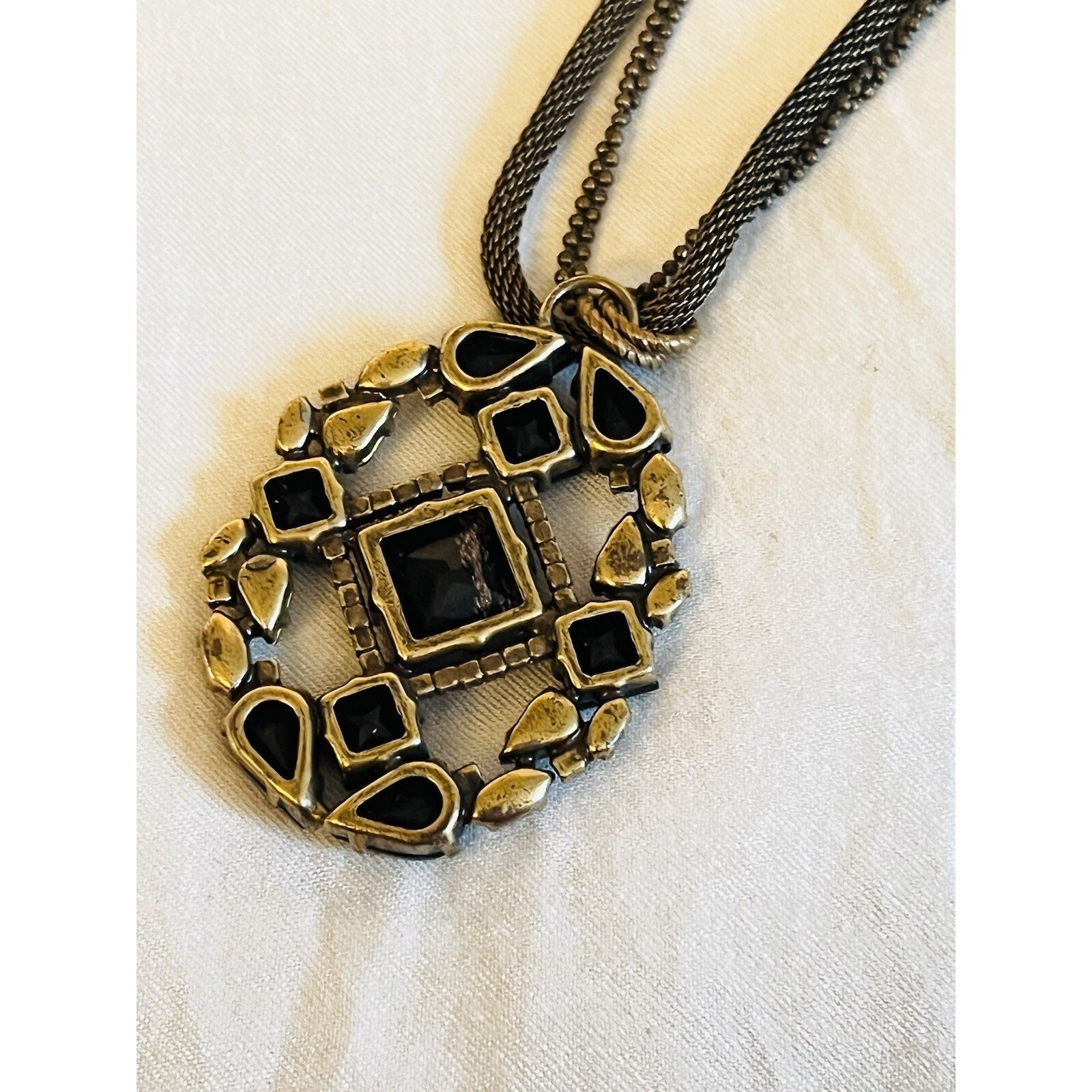 Vtg Victorian Goth Necklace Bronze Metal Crystal Rhinestone Mesh Chain 80s