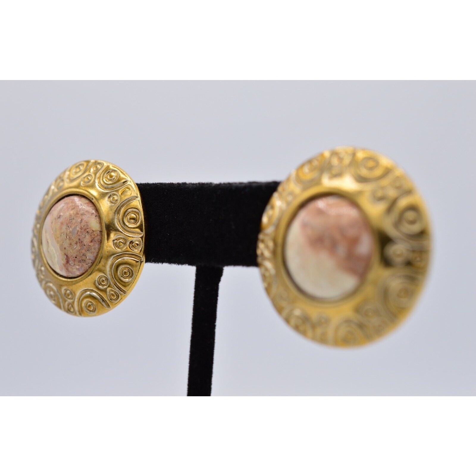 Vintage Earrings Marbled Faux Cabochon Lightweight Metal Chunky 1980s BinAF