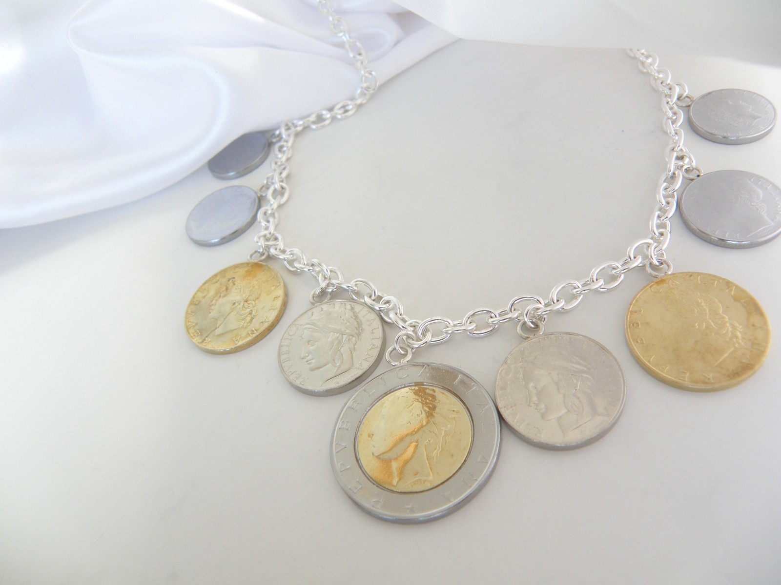 Milor Italy Sterling Silver 925 Italian Coin Charm Rolo Link Heavy Necklace 20″