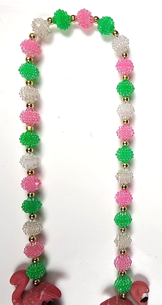 VTG Pastel Resin POPCORN Beaded Flamingo Necklace Pink Green FUN witty Wear