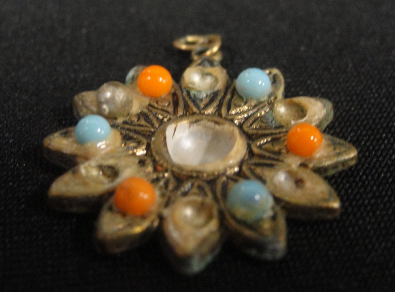 Vintage Flower Shaped Pendant Charm w/ Beads Some Missing