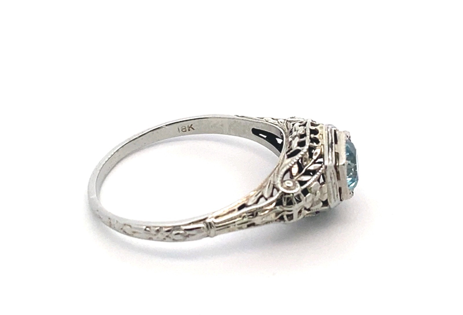 Vintage 18k White Gold Art Deco Blue Topaz Solitaire Filigree Ring Sz-9 2.8g