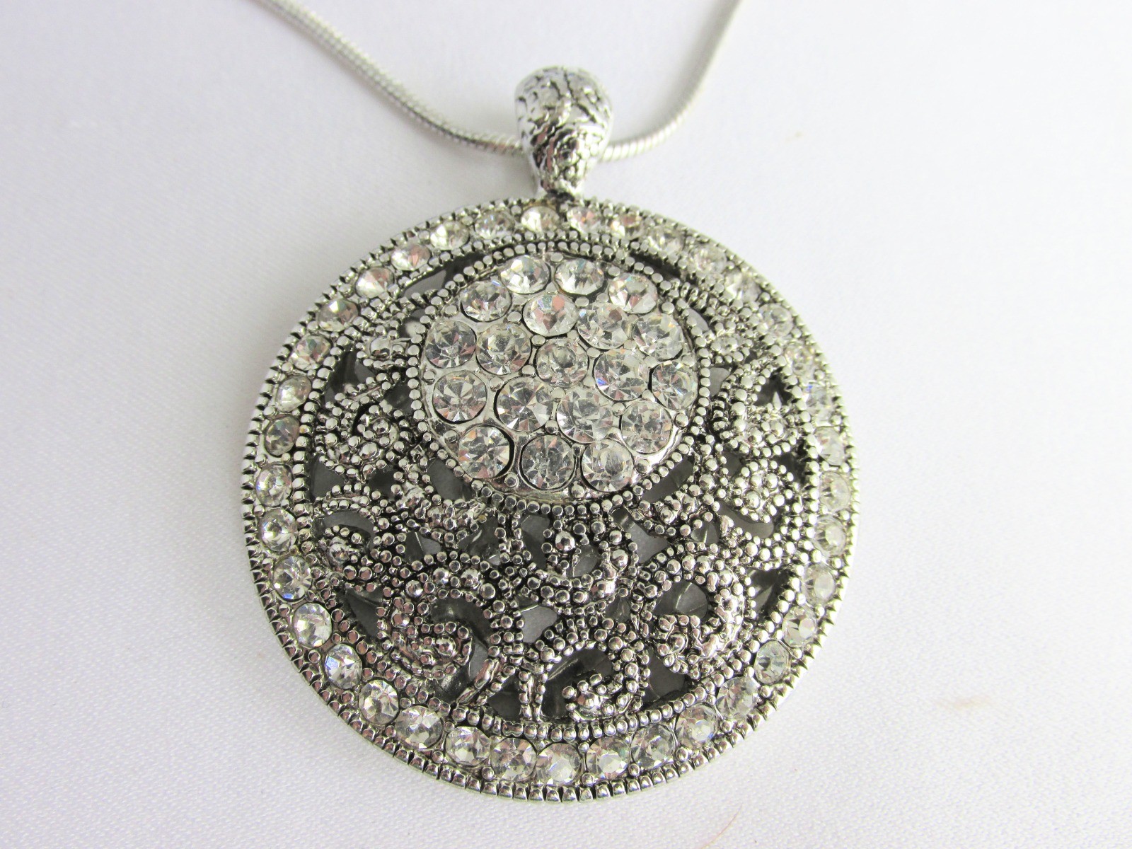 Super Sparkler Rhinestone Pendant 17″-18″ Necklace Snake Chain Silver Plate