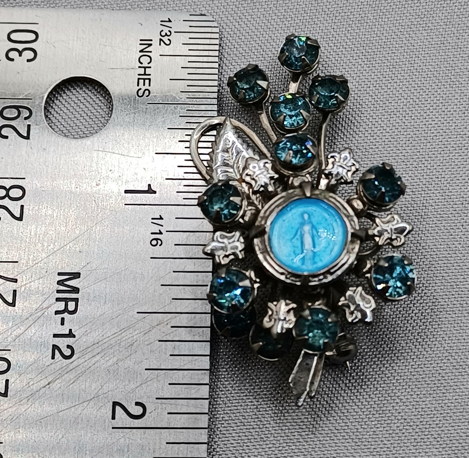 Vintage Virgin Mary Brooch Silver Tone Blue Enamel Mary Pale Blue Rhinestones