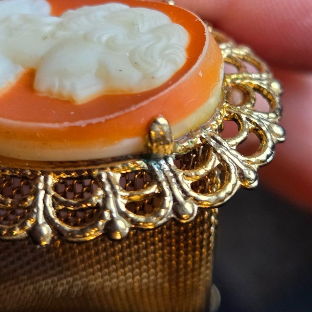 Vintage Coro Cameo choker necklace Gold Tone Mesh Lady Portrait Filigree Estate