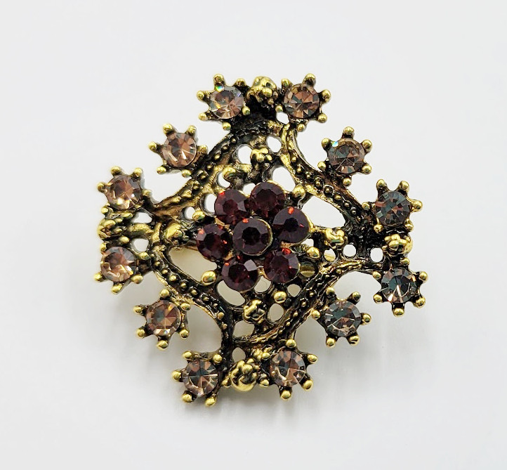 Gold Tone Rhinestone Red Purple Pink Multicolor Costume Ornate Brooch Pin