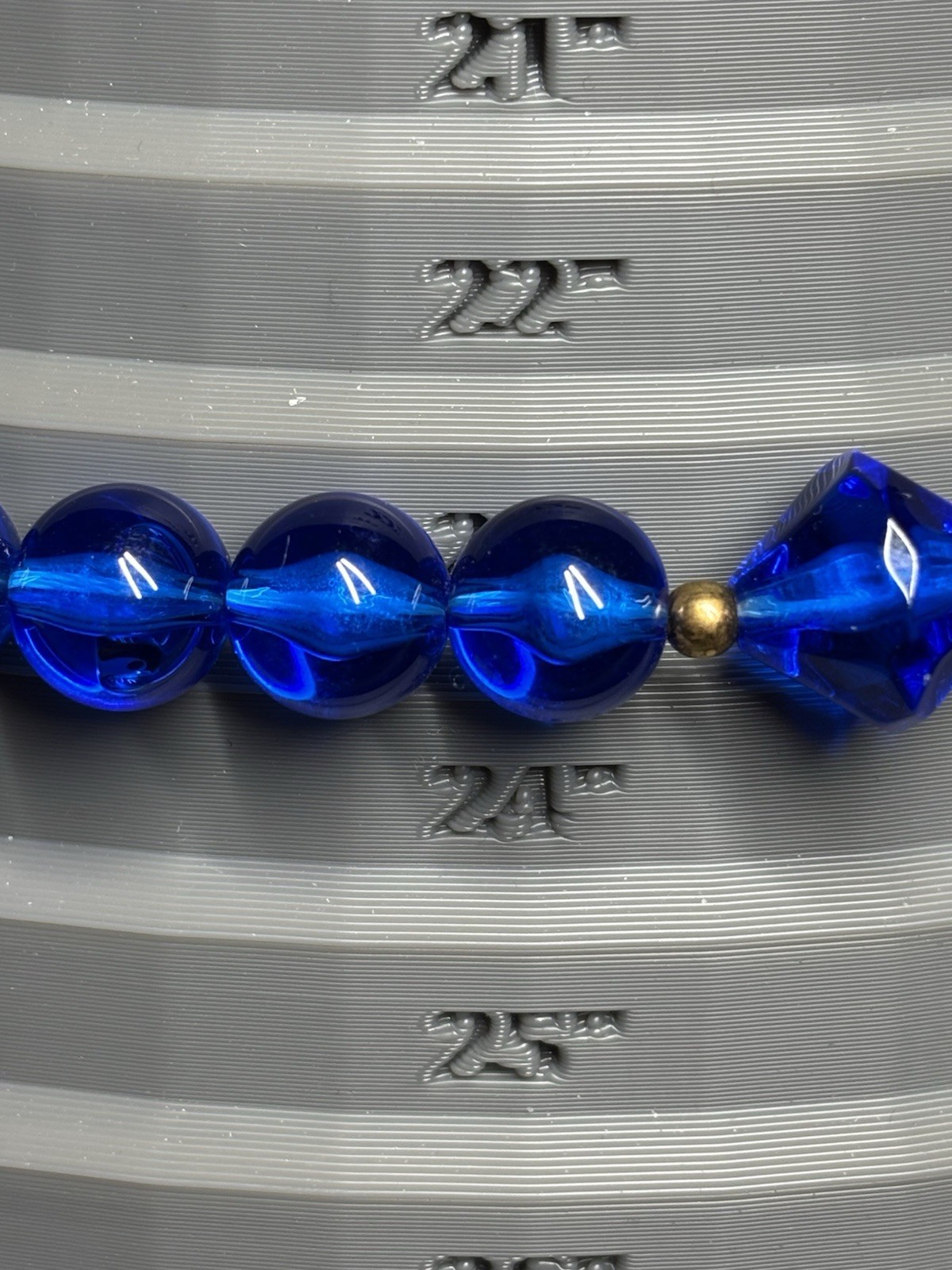 Vintage Blue Lucite Bicone Round Bead Necklace 23” Brass Spacers MCM