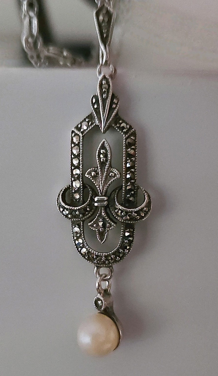 Antique Art Deco 935 Silver Marcasite & Pearl Pendant Necklace 18″, Pristine