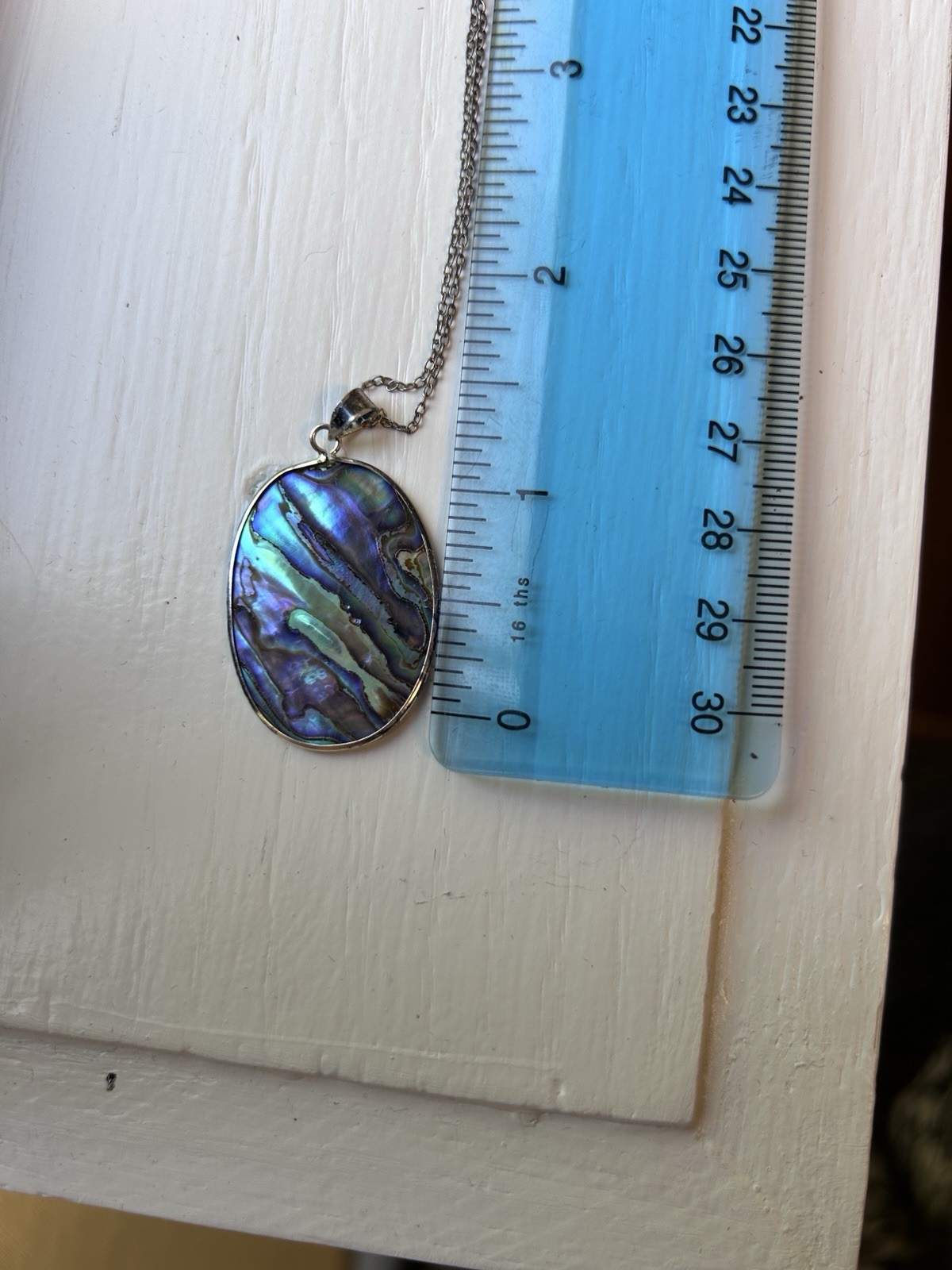Vintage Sterling Silver Abalone Shell Pendant Necklace 18” Oval Iridescent