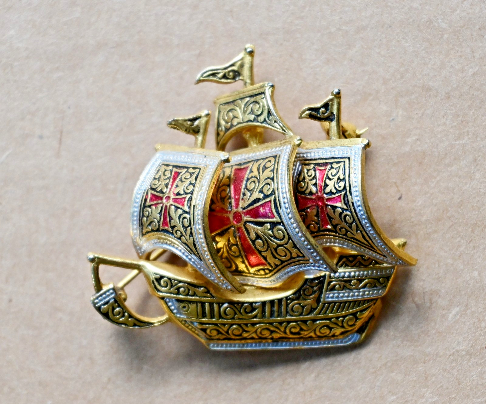 Spanish Galleon Sailing Ship Damascene Brooch Vintage Pin Enamel Made in Spain