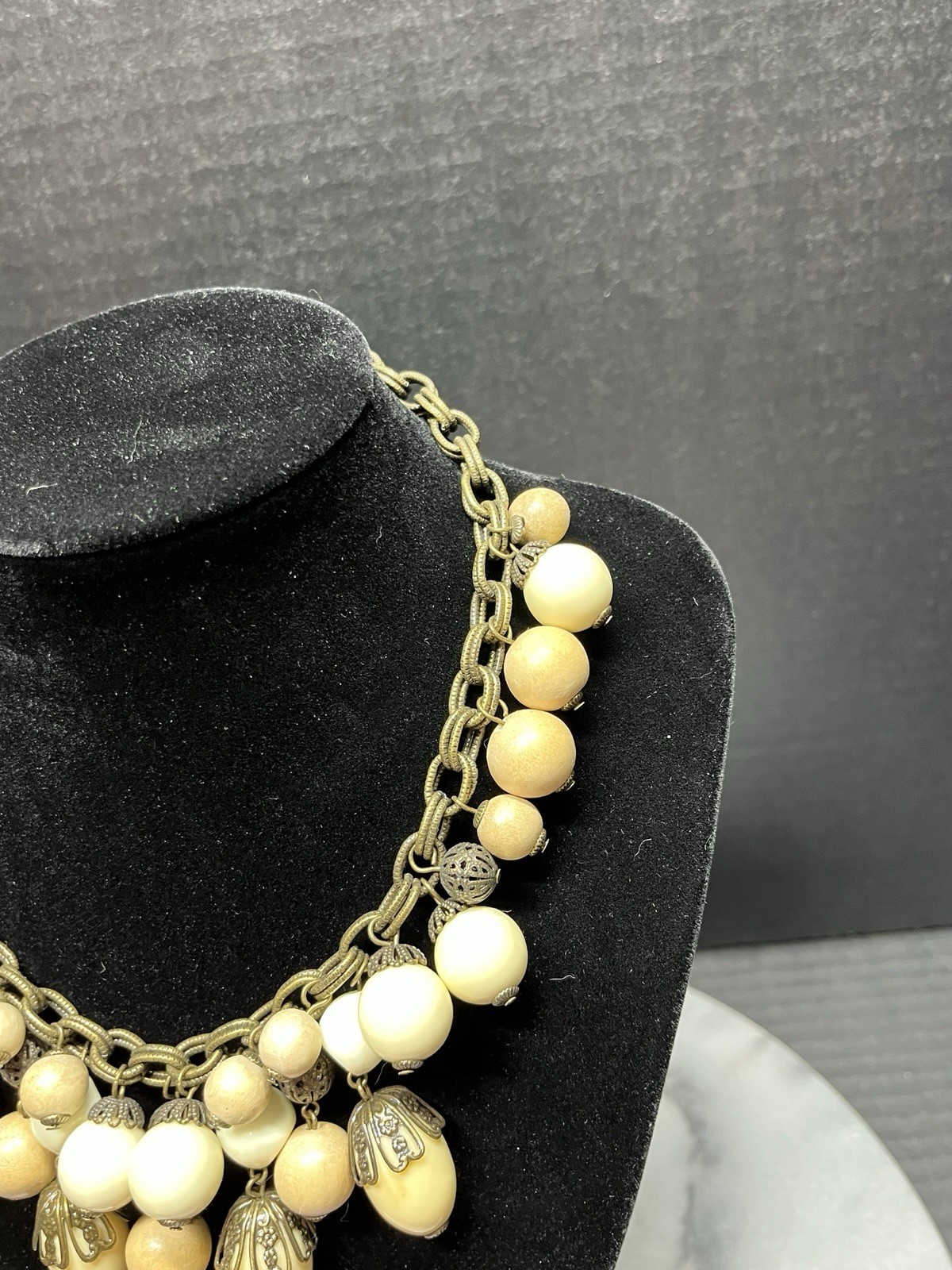 Vtg Bronze Tone Vanilla Beaded 19″ Statement Necklace by Gerard Yosca Boho Lux