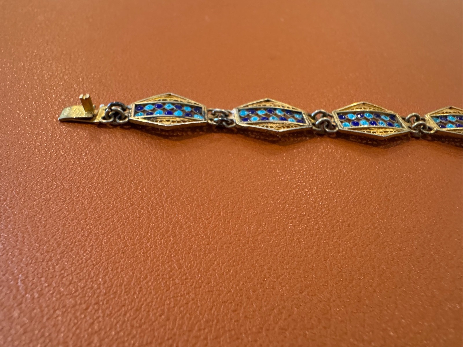 Vtg Antique 800 Silver Filigree Design Blue Enamel Bracelet w/ Gold Wash