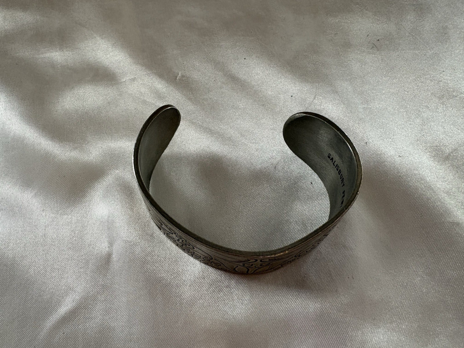 Vintage Flower Salisbury Pewter Cuff Bangle Bracelet Engraved Etched May