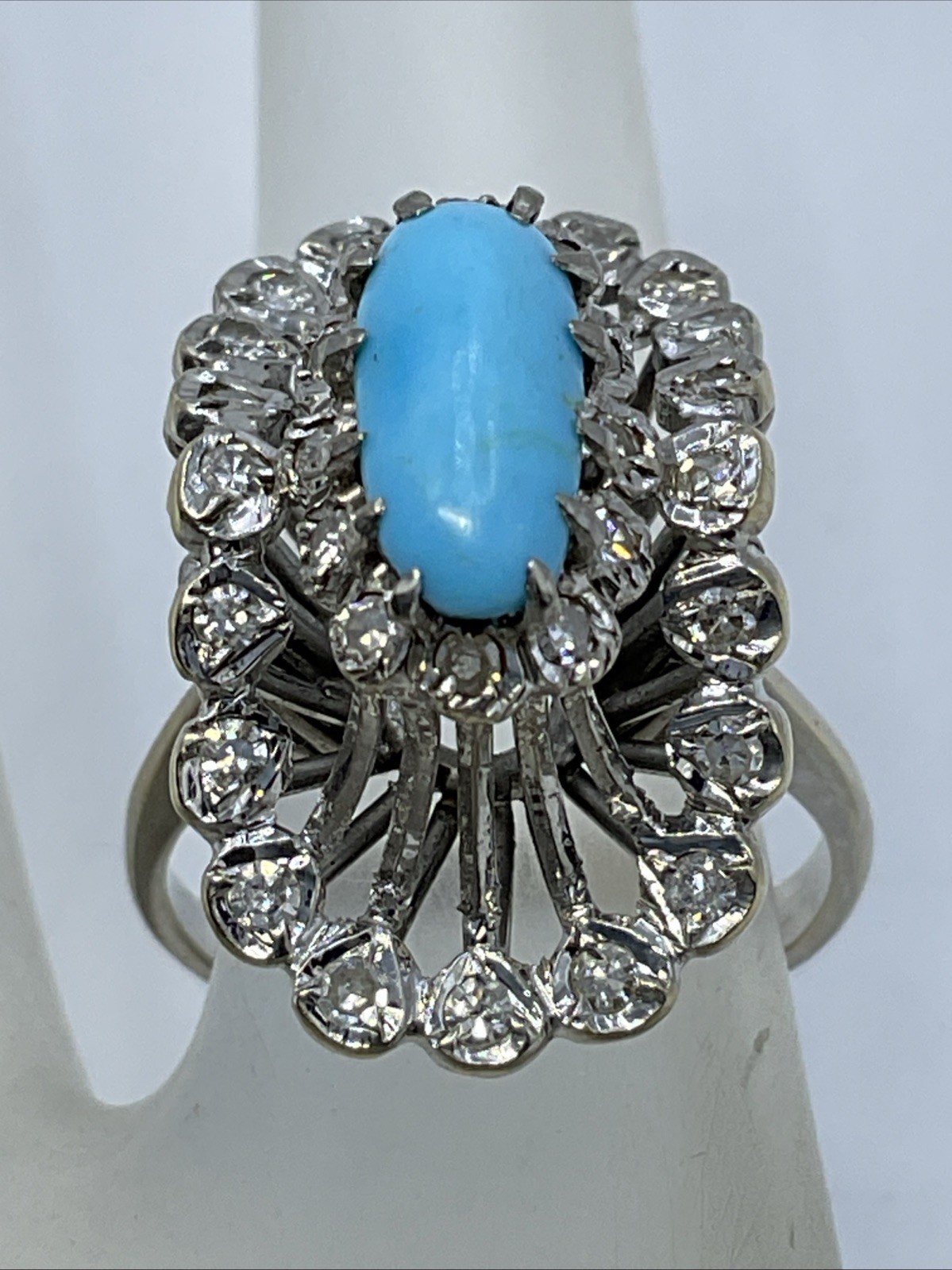 Ladies Ring Solid 18K W.Gold Turquoise & Diamond UNUSUAL DESIGN VINTAGE HANDMADE