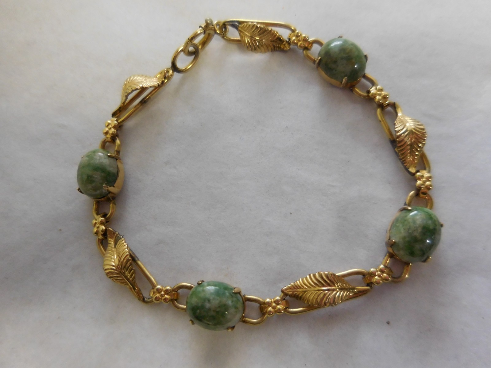 W E RICHARDS WRE 1/20 12K GOLD FILL BRACELET 7 1/4″ GREEN MOSS AGATE & LEAVES