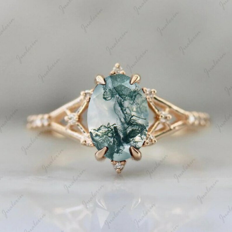 2pc Moss Agate Engagement Ring 14K Gold Plated Sterling Silver Ring Gift For Her