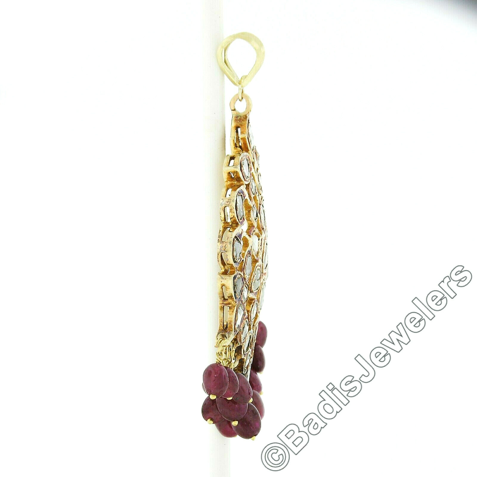 Vintage 18K Gold Rose Cut Diamond w/ Bead Ruby Drop Dangle Earring & Pendant Set