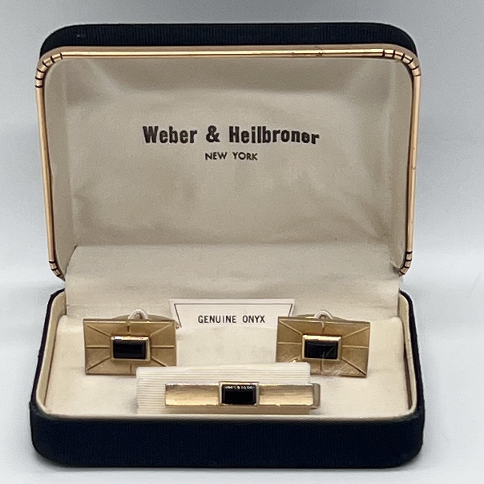 Vintage Swank Genuine Onyx Gold Tone Cufflinks Tie Clip Weber Heilbroner Box