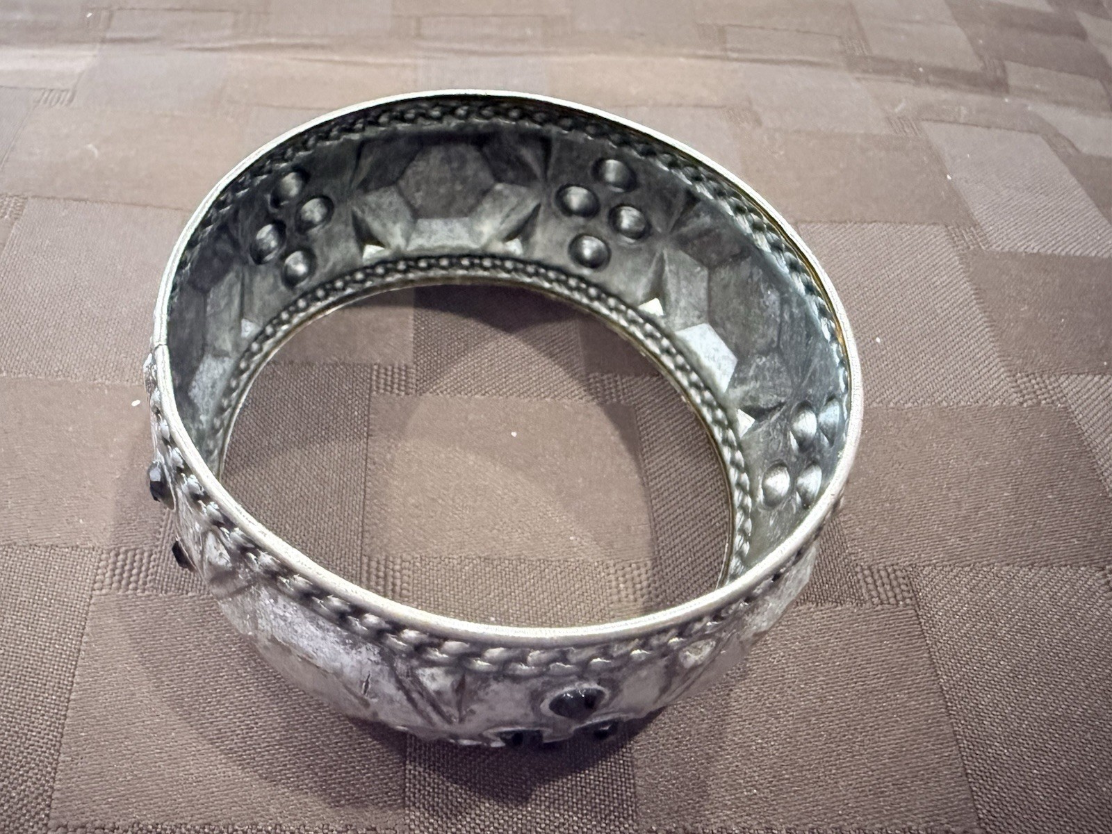 Vintage Wide Silvertone Tribal BangleBracelet with Black Stones