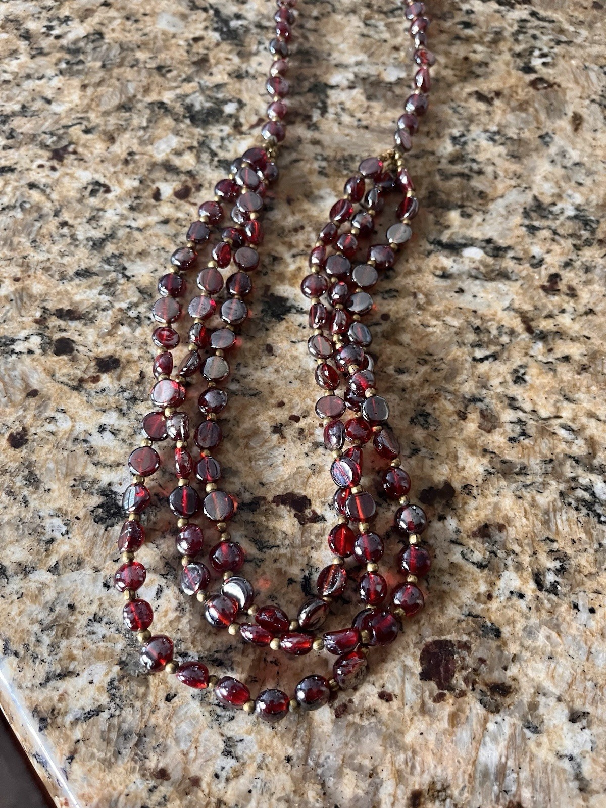 Vintage Red Garnet Iridescent Glass Gold Beaded Triple Layered 30” Bib Necklace