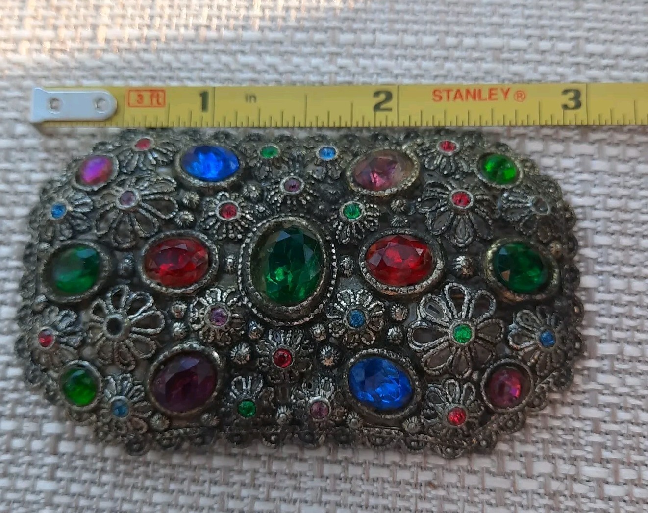Vtg New England GlassWorks Brooch Filigree Flowers Jewel Colors Faceted READ