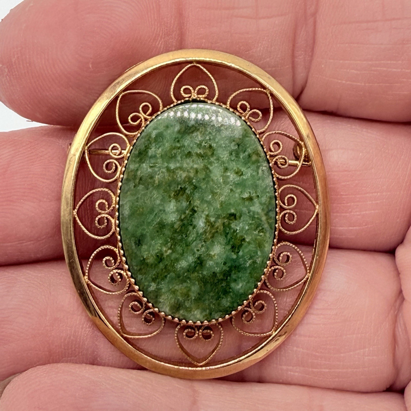 Vintage 1/20 12K GF Yellow Gold Filled Moss Agate Brooch 1 1/4” x 1 1/2”