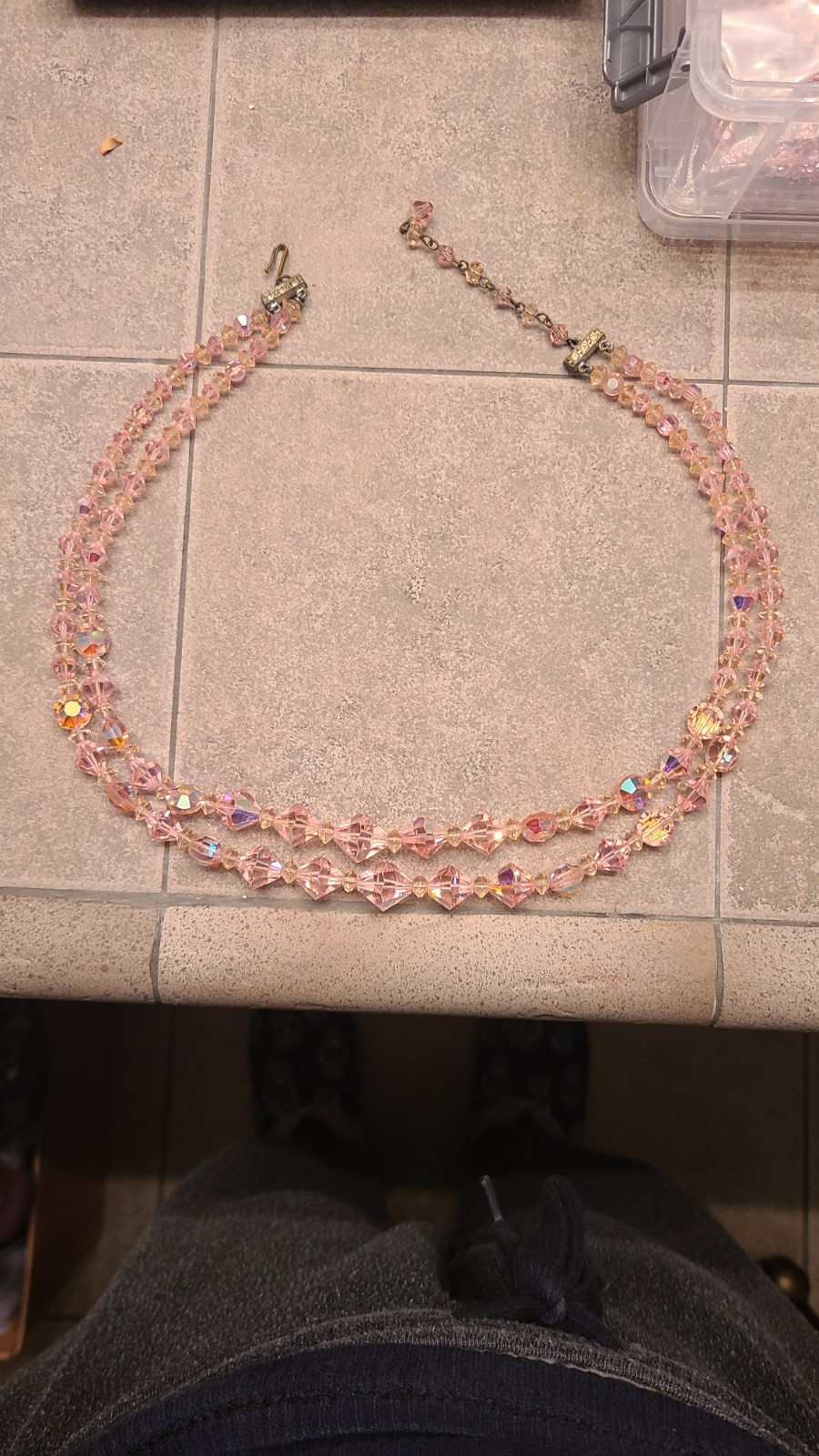 VINTAGE AB PINK w/ IRIDESCENT GLASS BEADS 2 STRAND NECKLACE APPROX 18″