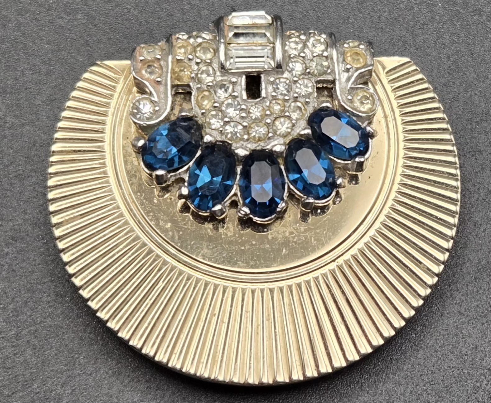 Vintage Signed CIRO Art Deco Dress Clip Brooch Blue Sapphire Rhinestone Ribbed
