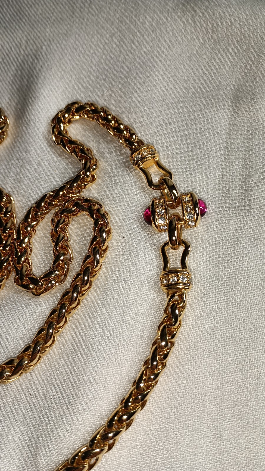 VTG Nolan Miller Chunky Red Cabochon Gold Tone Long Spiga Wheat Chain Necklace