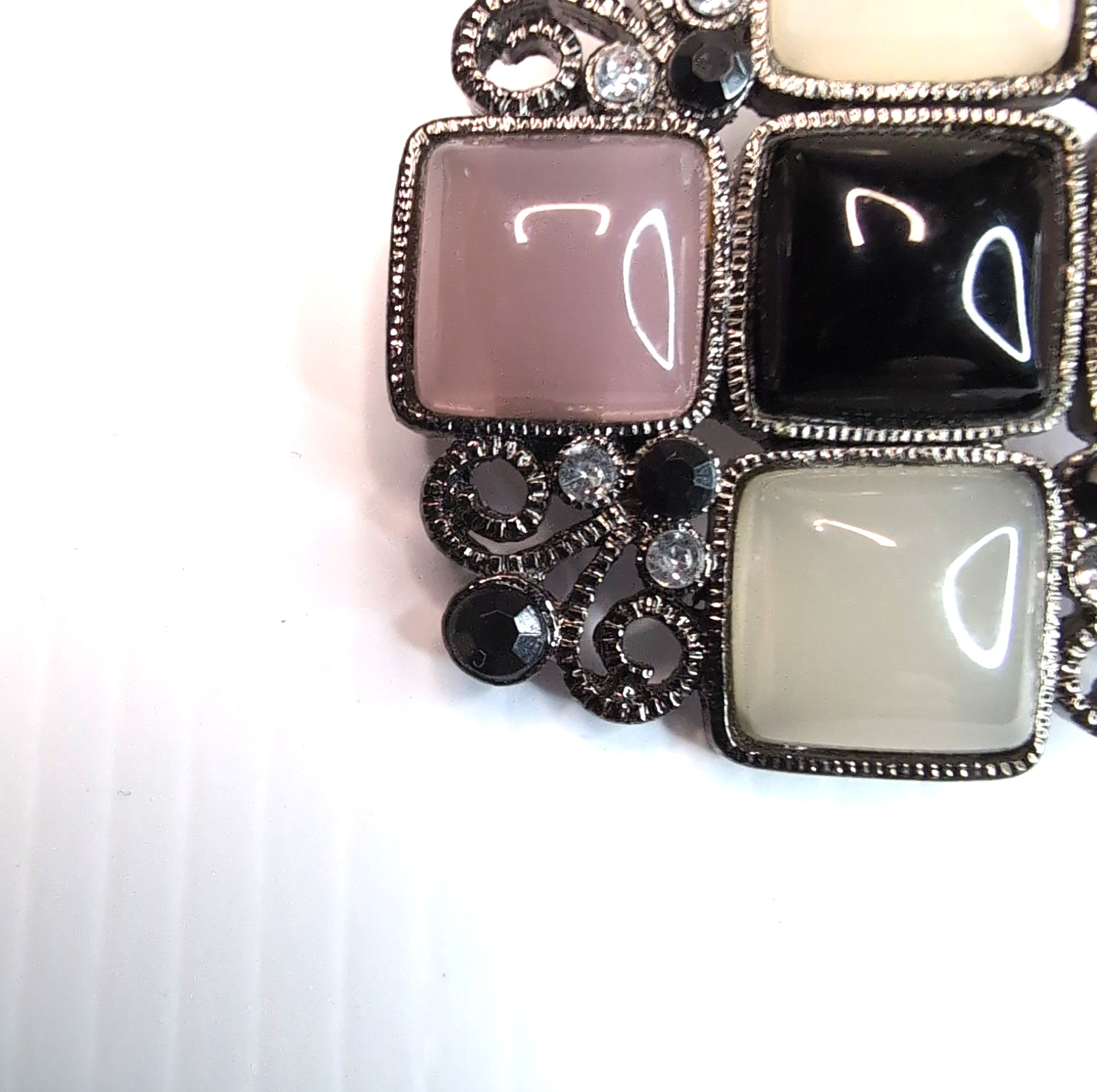 Vintage Geometric Square Brooch Black Pink Gunmetal Silver Tone Openwork Gothic