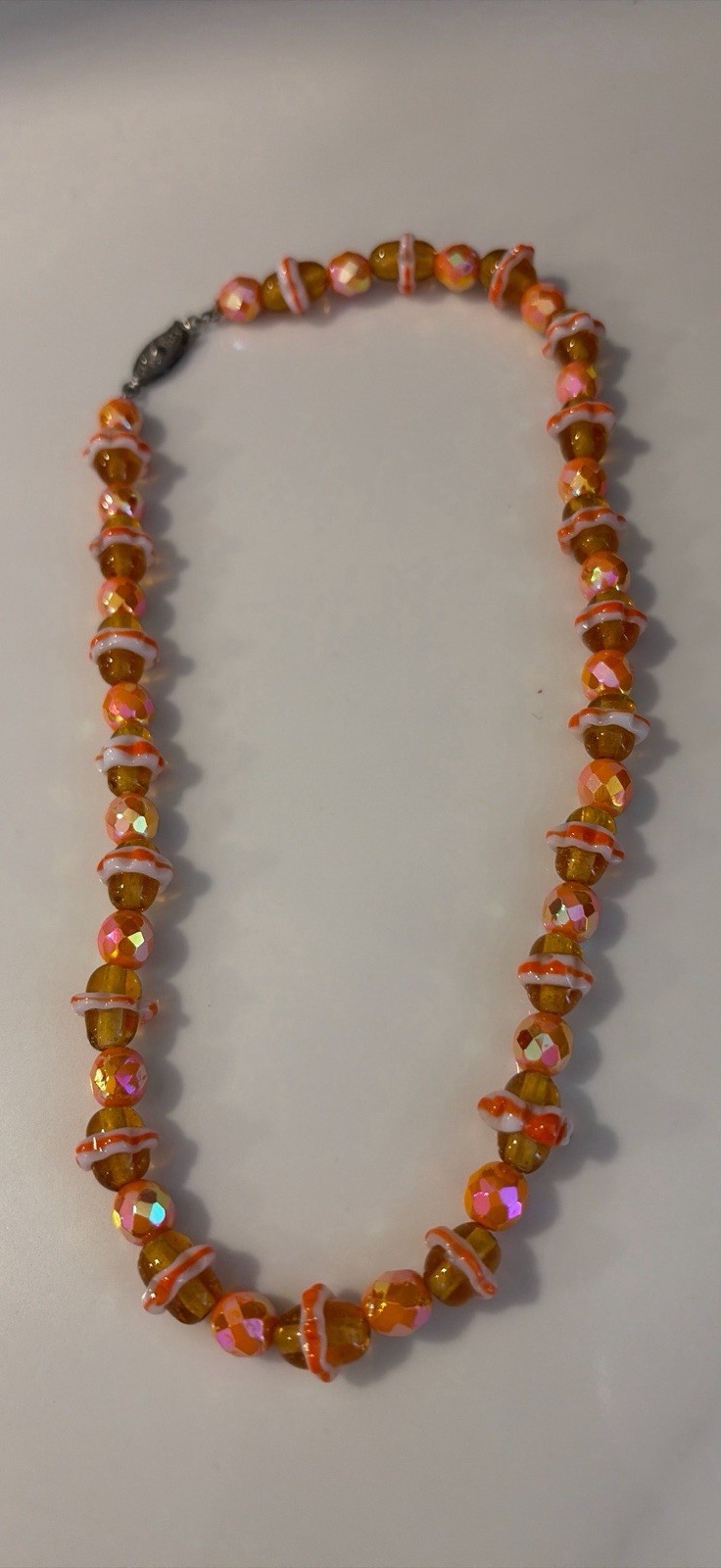 Vintage Unusual Hand Knotted Glass Bead Necklace Orange Saturn Shape Beads