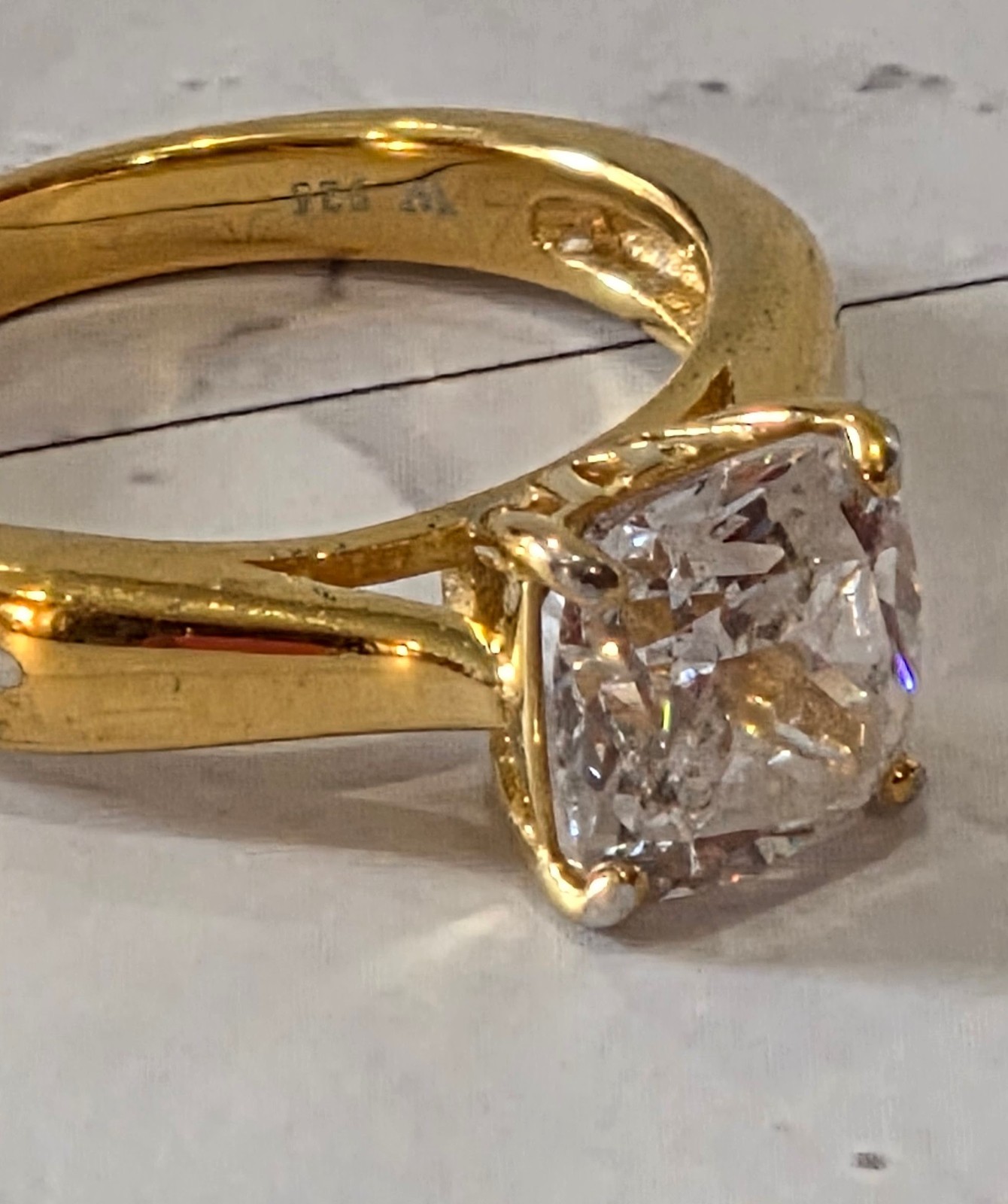 VINTAGE 925 Silver signed W Cushion Cut CZ Solitaire Gold Engagement Ring sz 5