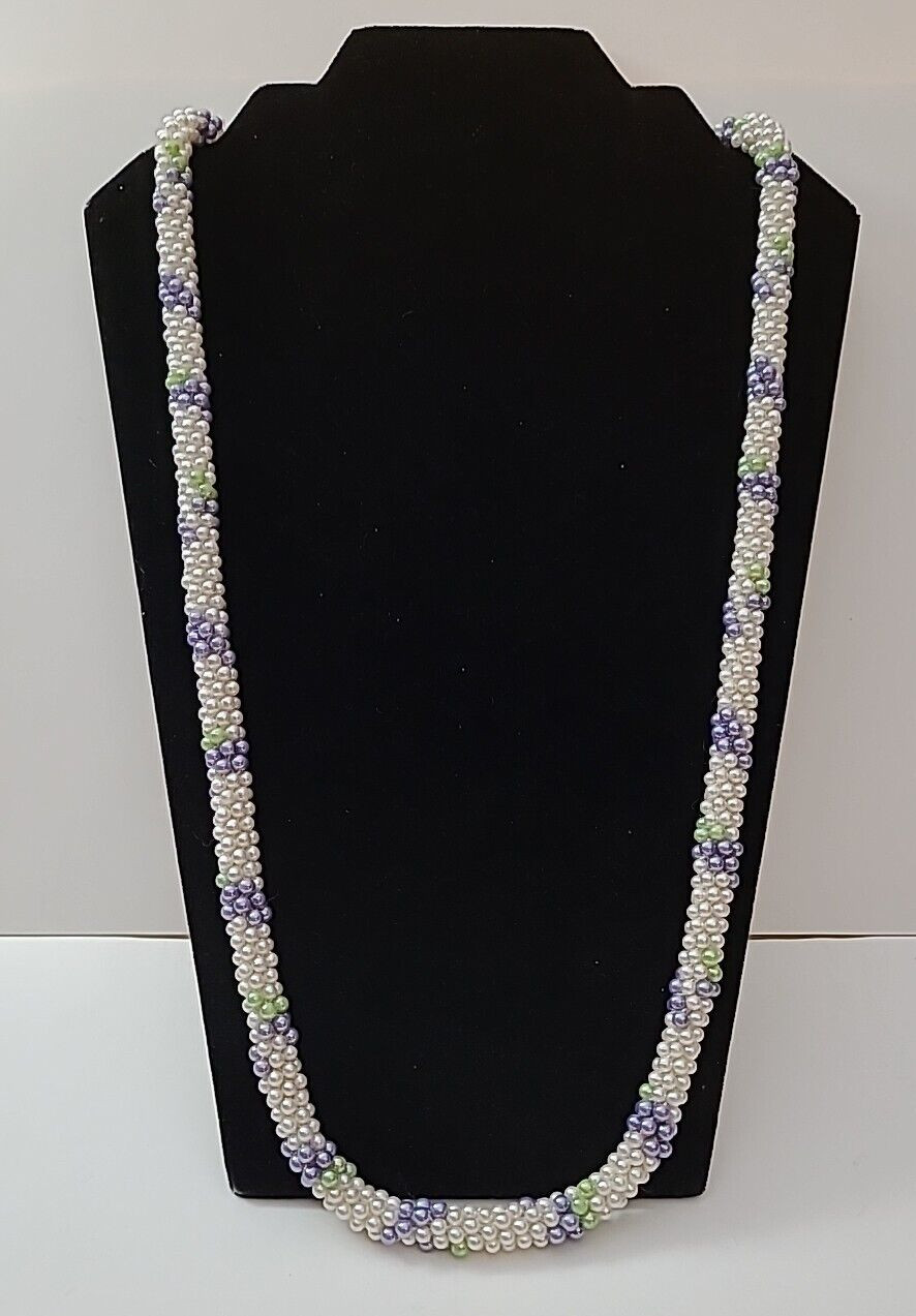 VTG Long White Purple Green Seed Beaded Rope Necklace Unsigned 1960’s 1970’s