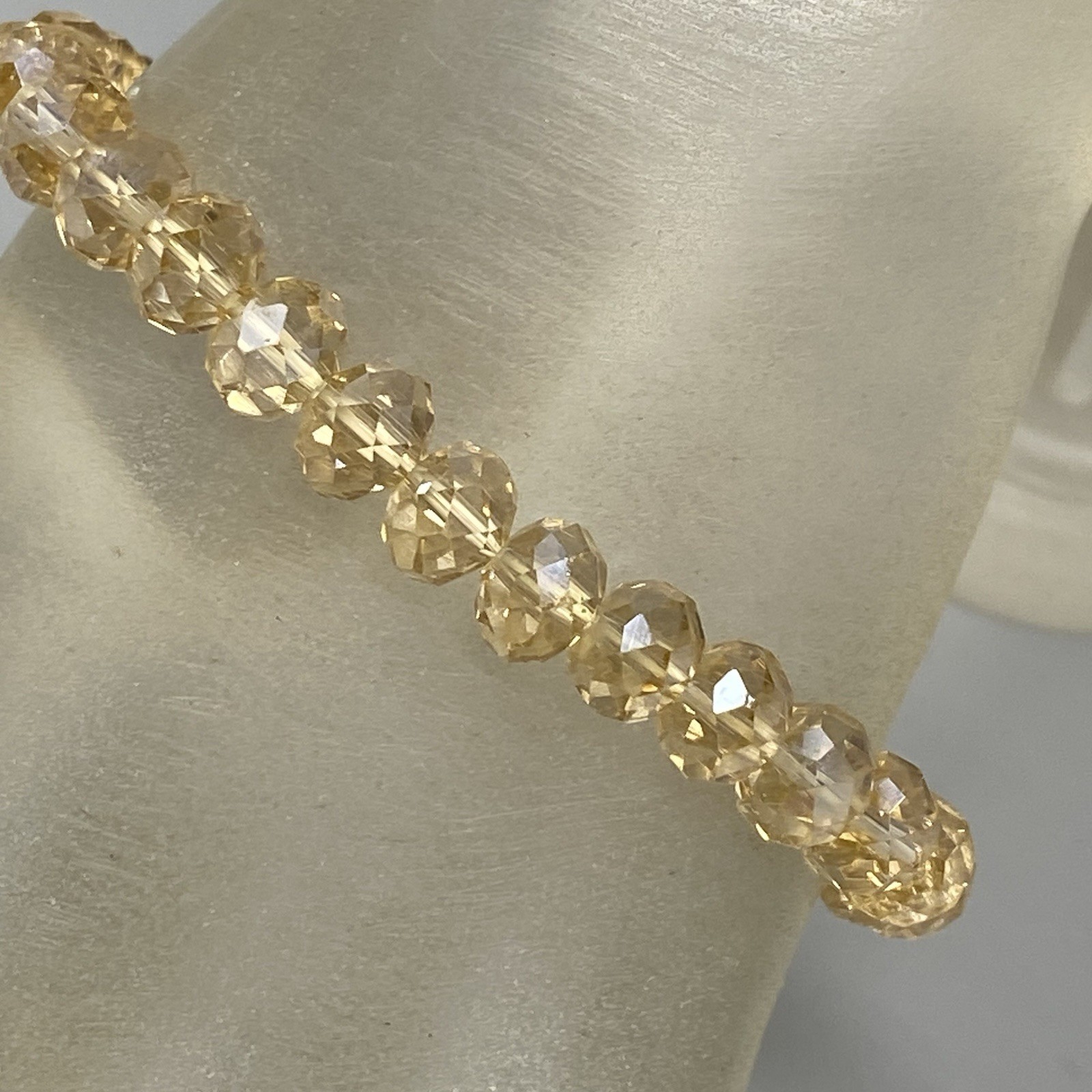Glass Beaded Bracelet Champagne Faceted Fire Polished Stretch Iridescent 7″