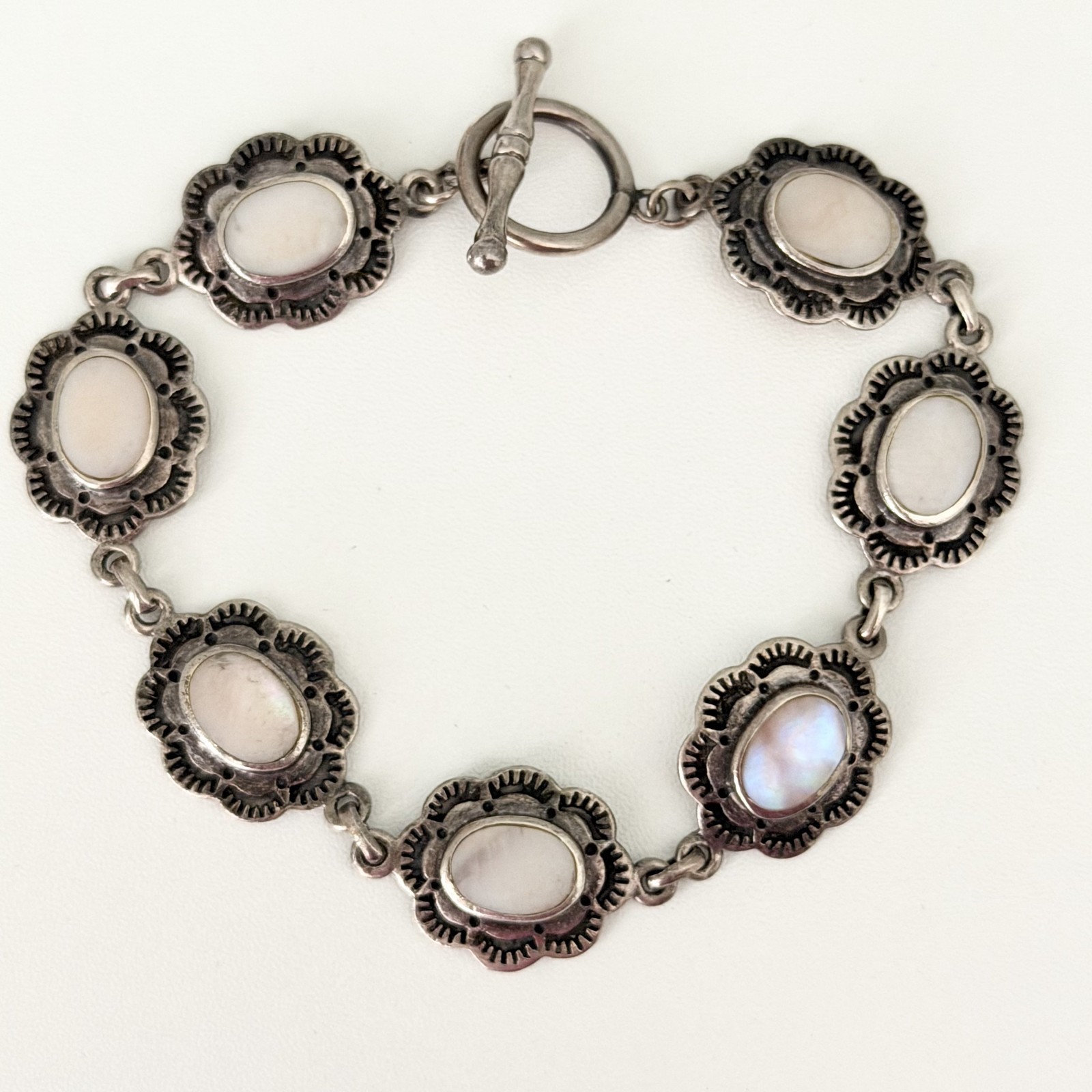 Vintage 925 Sterling Silver Mother Of Pearl Southwestern Flower Bracelet 7″