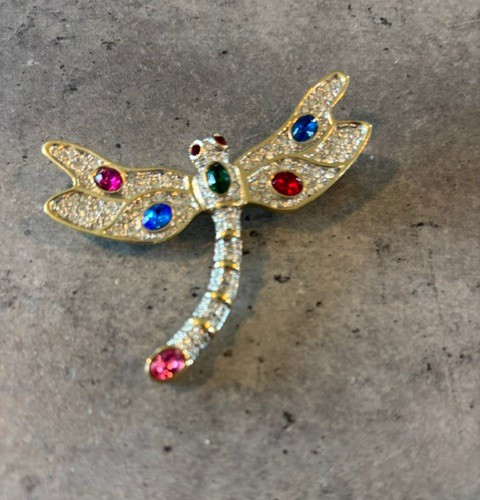 Vintage Dragonfly Brooch Pin with Gold Enamel and Multi Color Rhinestones