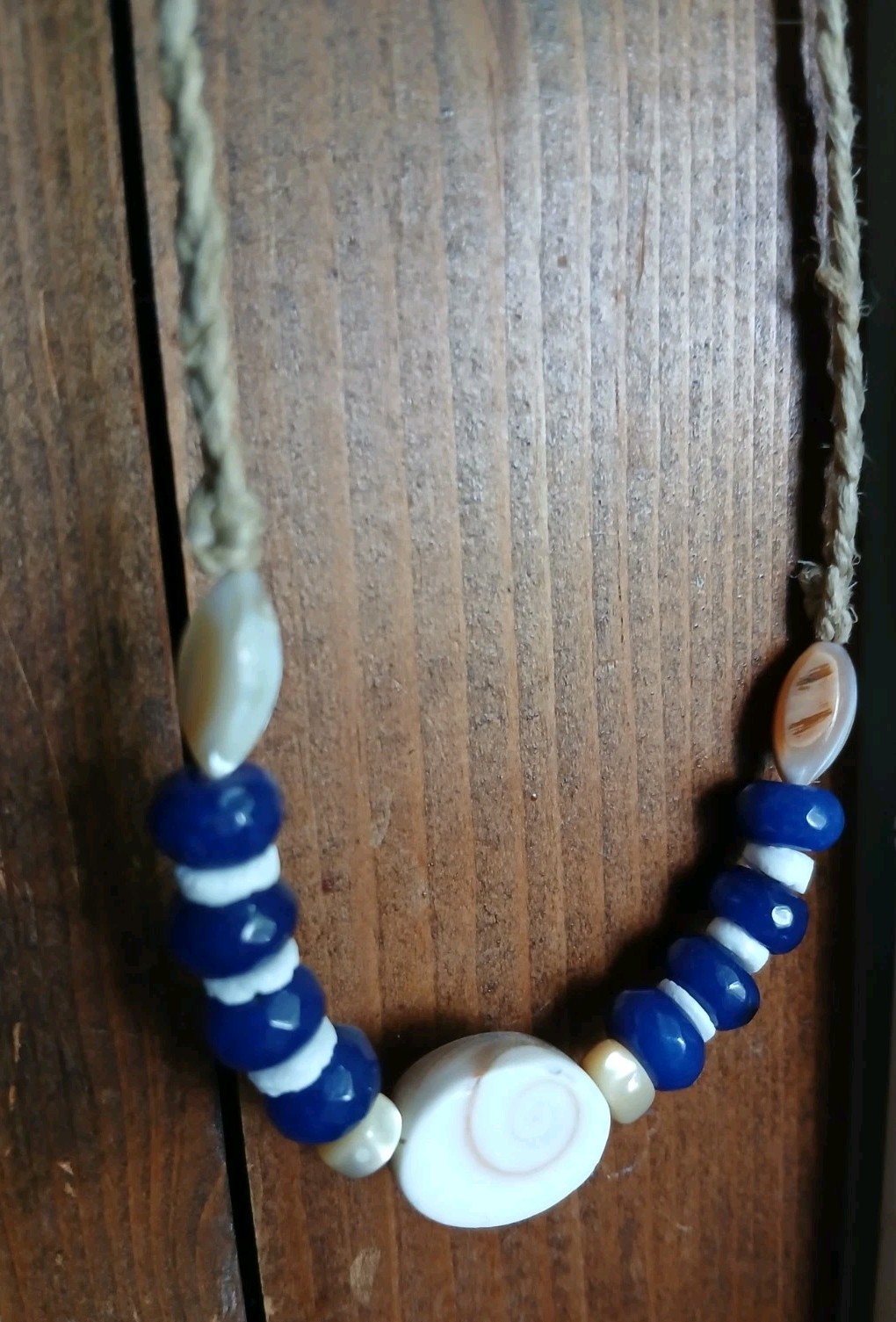 Blue Jade Ocean Shell Necklace Hemp Cord Hippie Boho Travel Beach Wear
