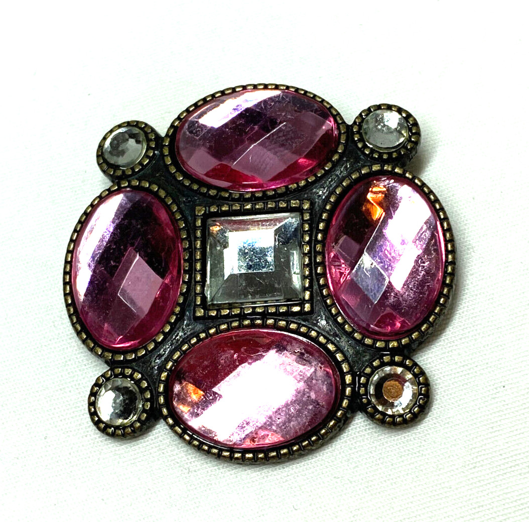 Antiqued Silver tone Pendant Brooch Pink Faceted Stones W/ Clear Simulated Gems
