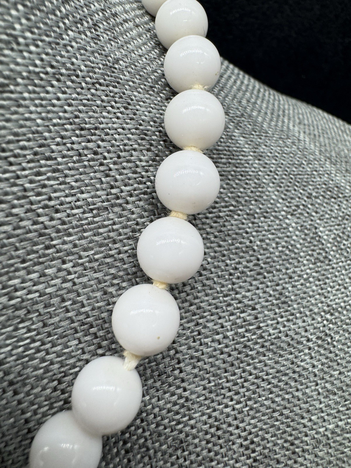 White Glass Single Strand Beaded Necklace Hand Knot 16” ~ Vintage Japan
