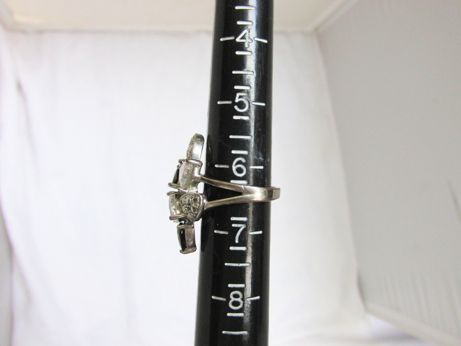 Vintage Black & Clear CZ Trillion Cut Cocktail Ring Silver Plate Sz 6.5