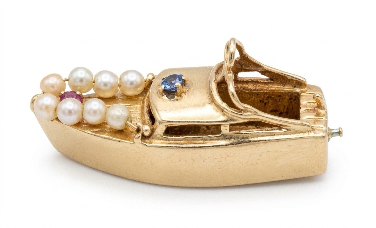 1955 Antique 14k Solid Yellow Gold Boat Charm Pendant Ruby Sapphire Pearls RARE