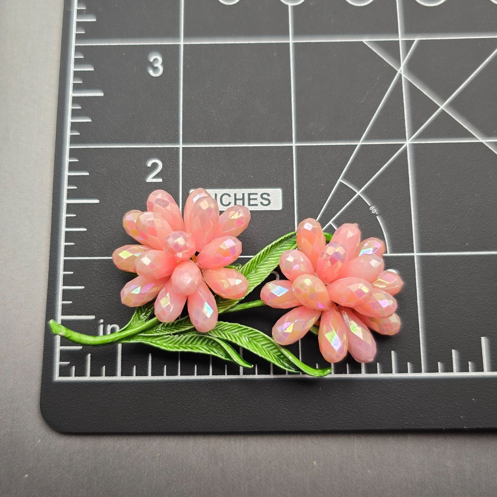VTG AB Pink Resin Beaded Floral Brooch Green Leaf Double Flower Unsigned