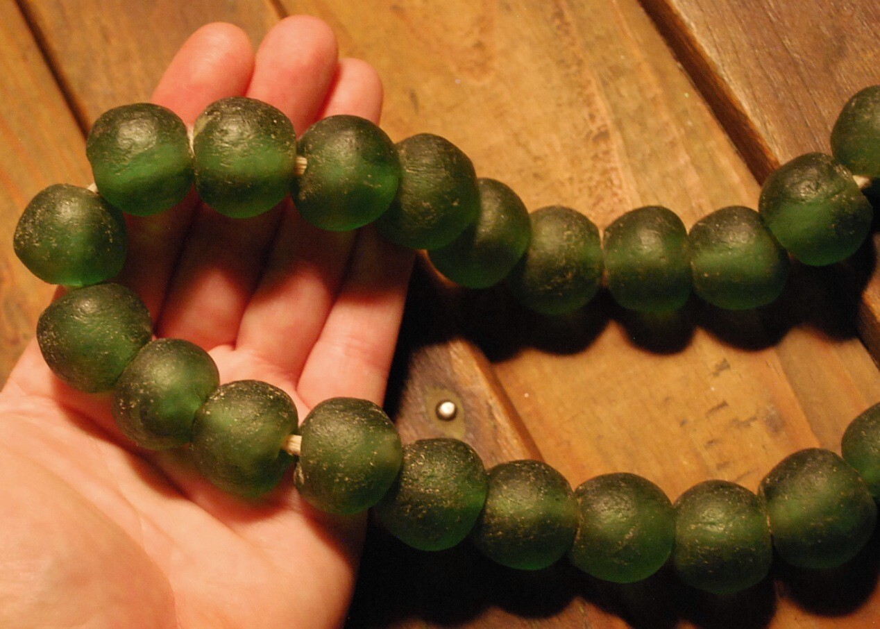 HUGE Recycled SEA GLASS STATEMENT NECKLACE Matte Green 23mm AFRICAN TRADE BEADS