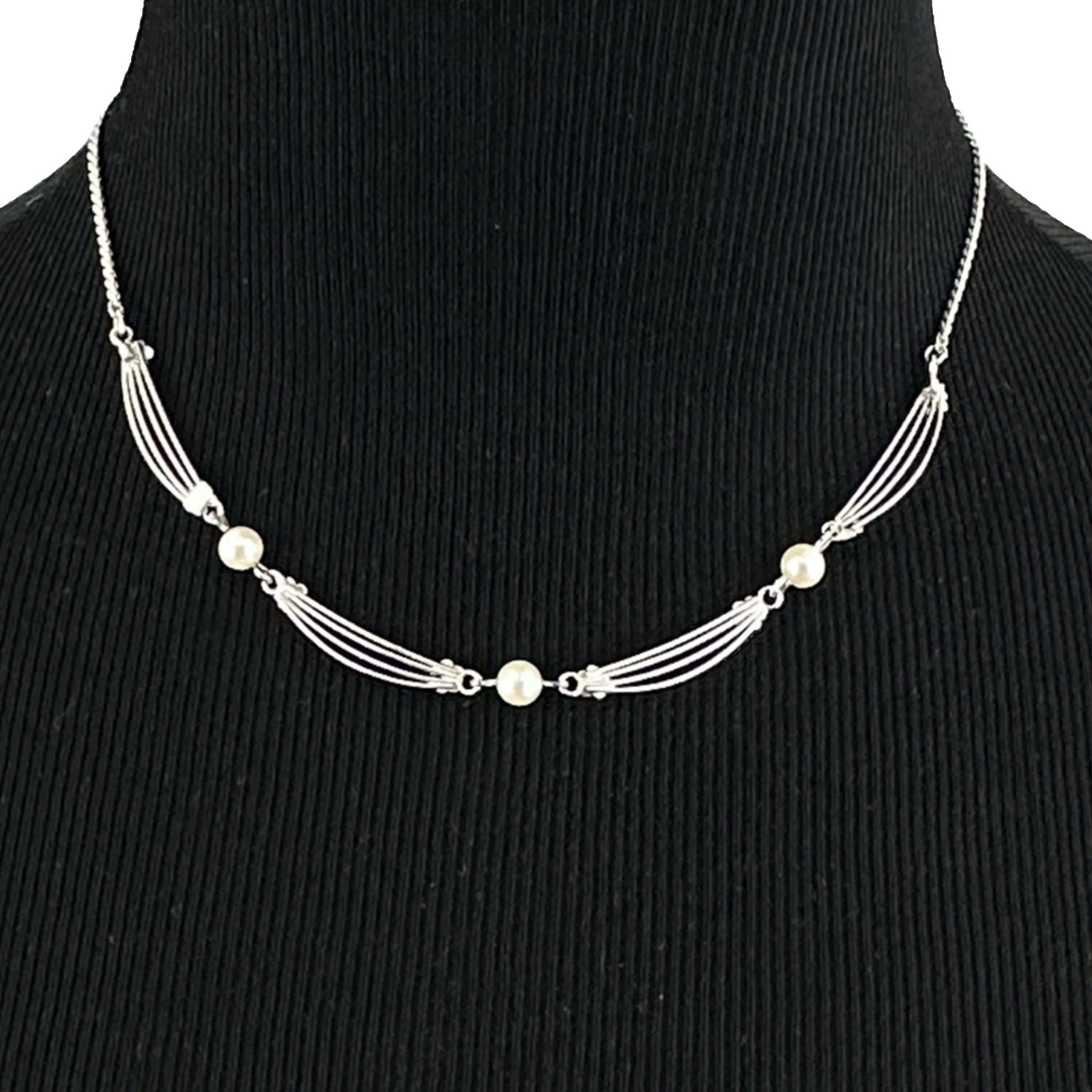 VAN DELL vintage necklace – sterling silver & cultured pearl choker 16″ delicate
