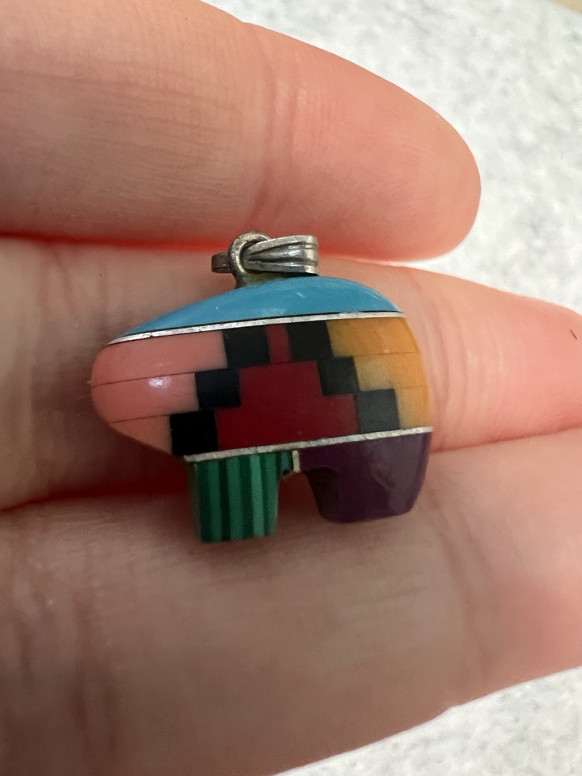 Vintage Small Native American Southwest Bear Multi Gemstone Inlay Pendant