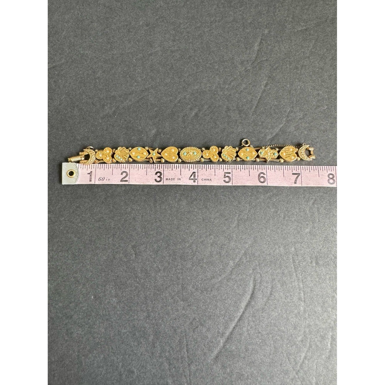 Vintage Victorian Revival Slide Charm Bracelet 60s Sweetheart Lucky Gold Tone