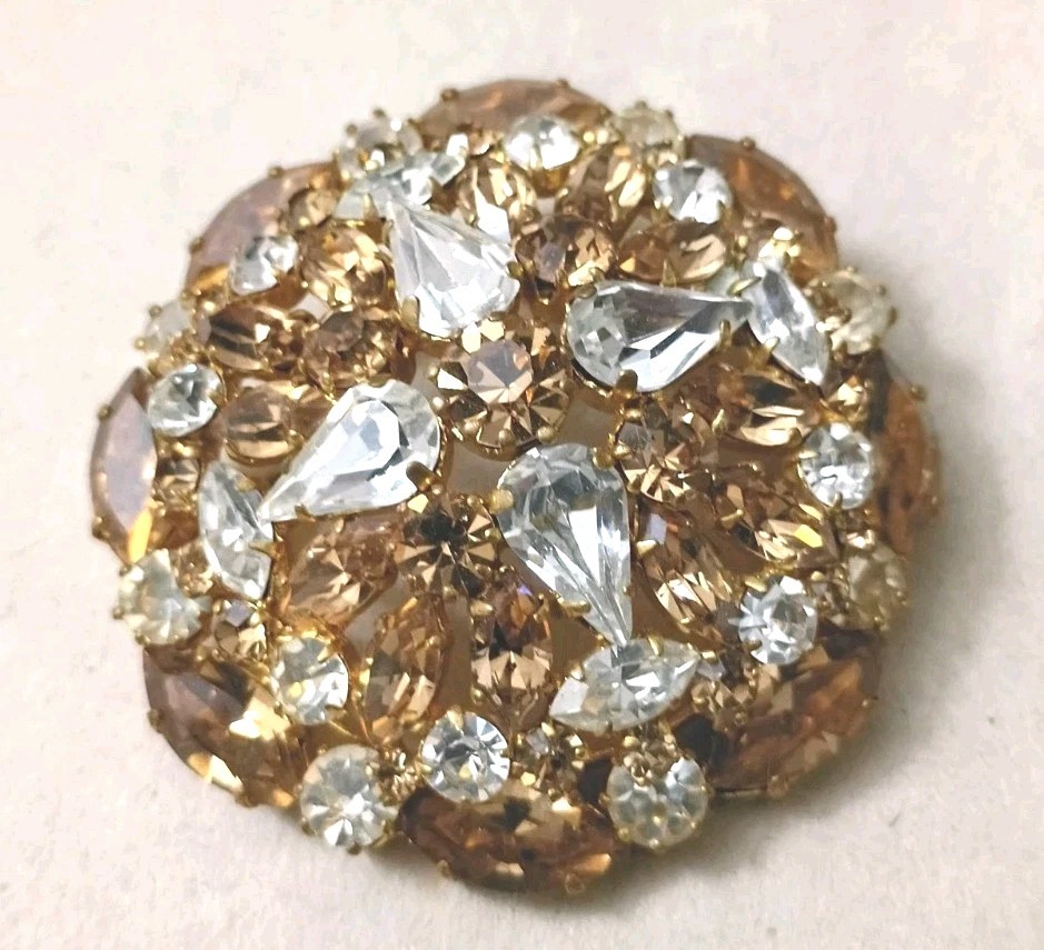 Large Vintage Austria Topaz Clear Crystal Round Circle Domed Brooch Pin (nice)