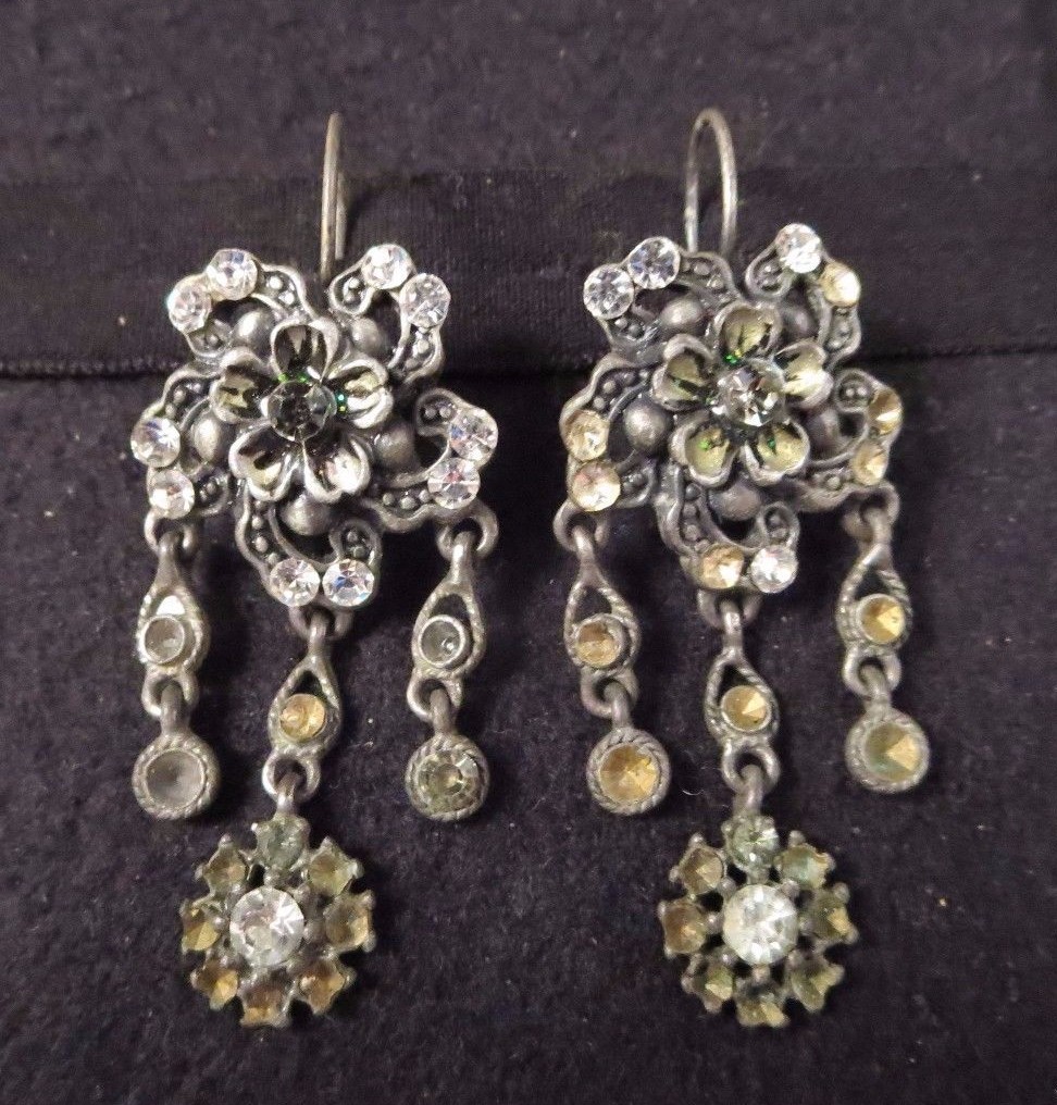 Vintage JZ China Signed Clear Rhinestone Dangle Flower Lever Bk Pierced Earrings