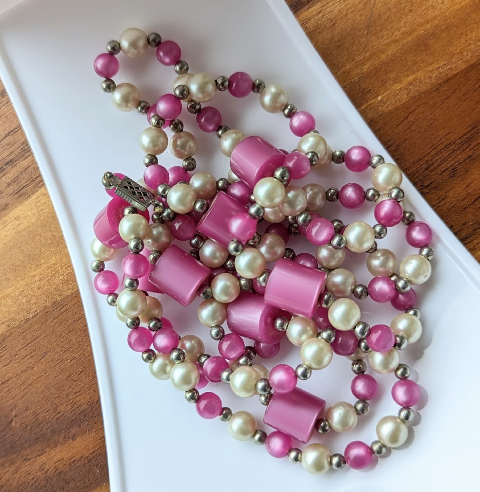 Vintage Opera Length Bead 54″ Necklace Pink Purple Faux White Pearl Silver Tone